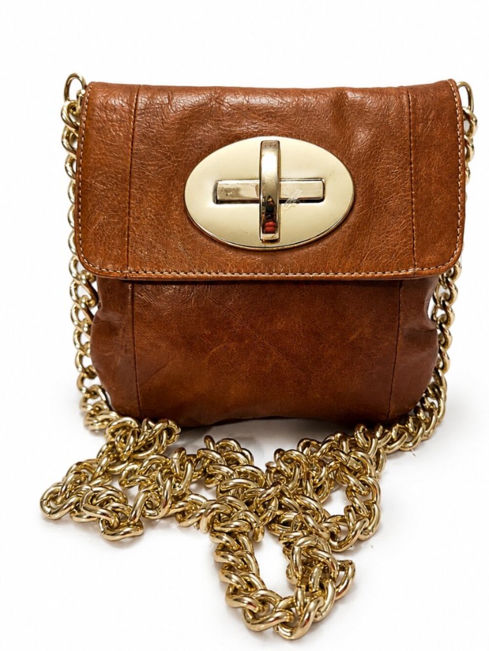 Zina Eva Brown Leather Crossbody Shoulder Bag Gold Chain Turnlock Cognac Small